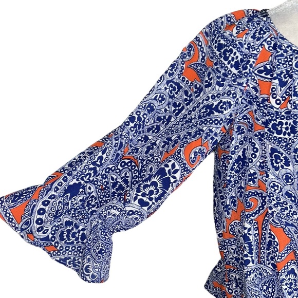 Trina Turk Silk Navy Blue & Orange Paisley Printed Cutout Ruffle Blouse - S - Picture 4 of 11